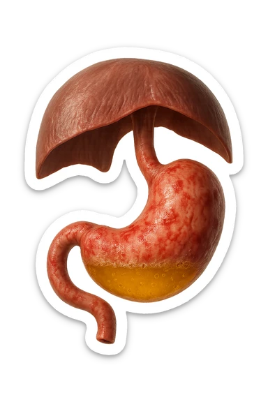 stomaco umano anatomico infiammato con acido giallo all'interno fluttua in aria insieme ad un diaframma umano, iperrealistico 4k, isolato su sfondo bianco sticker