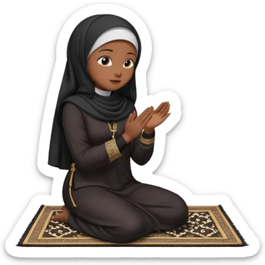 Muslim woman in black jiljab side profile praying on prayer mat  holding up hands to god sticker