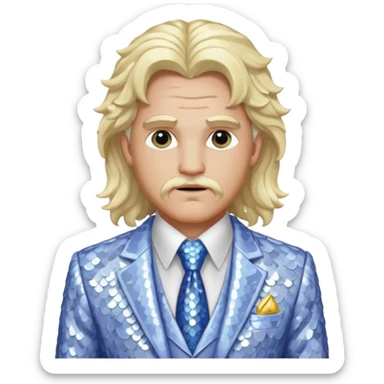 Zeus from Greek Mythology with long white blonde wavy hair, white sequin suit jacket and tie, periwinkle shirt sticker
