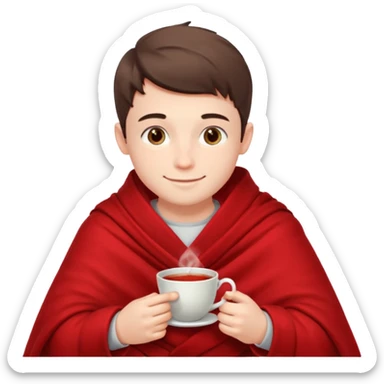 a European boy is sitting in a red blanket, drinking tea sticker