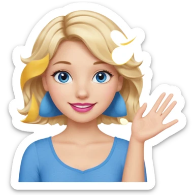 Girl Blonde short wavy hair,  blue eyes, cute blue top, long lashes, pink lips, smiling, one hand palm up sticker