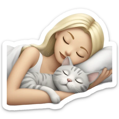 Blonde girl sleeping with grey and white small cat sticker