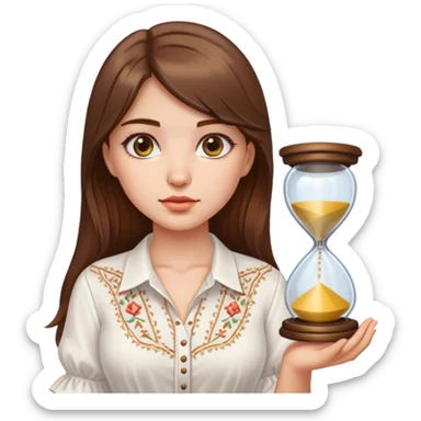 A Ukrainian girl with brown hair wearing a white embroidered shirt holds an hourglass in her hand sticker
