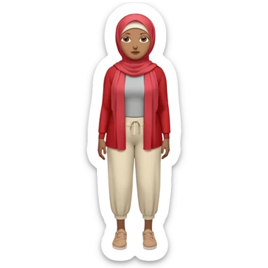 Heavy-set woman with medium-brown skin wearing a light red hijab, cream top, light red pants, tan shoes, and a visible gray below-knee prosthetic leg. Standing confidently with one hand on her hip sticker