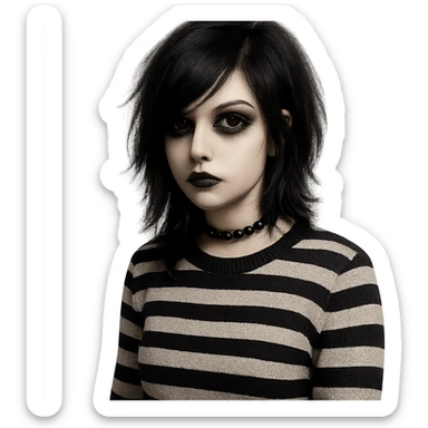 emo girl with striped sweater, side-swept bangs, gothic makeup sticker