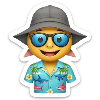 Tiburón playero con camisa hawaiana, lentes negros, y una gorra al revés sticker
