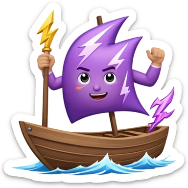 an animated gif emoji of a buff purple lightning bolt sailing away on a boat sticker