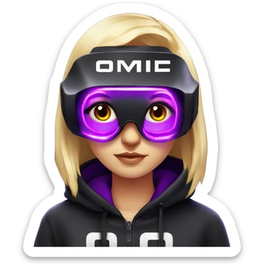 Russian cute blond girl wearing black hoody with violet letters "OMG", in vr headset. Cyberpunk style. Violet neon. sticker