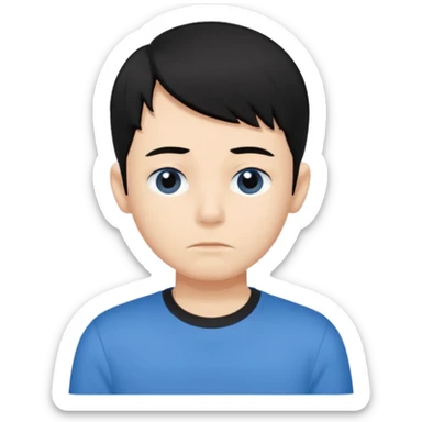 Cute apple emoji-style boy portrait, black hair, blue t-shirt, big black eyes, closed mouth,clean bold lines, flat colors, minimal shading sticker