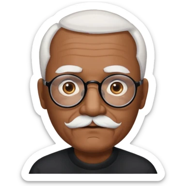 an elderly man with medium-dark skin tone, bald on top with short white hair at the sides, thick white eyebrows, large brown eyes, and wears black-framed glasses.
A small white beard sticker