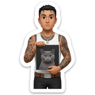 A Mexican thug with tatts holding a gray cat sticker