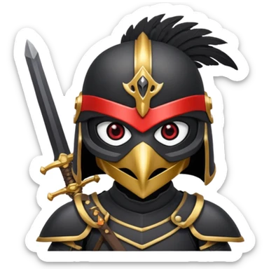 Black armor gold sword and black bird helmet like falcon with red eyes sticker