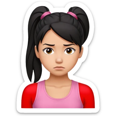 A tan girl with black hair in a ponytail. Wearing a pink tank top. Looking sad sticker