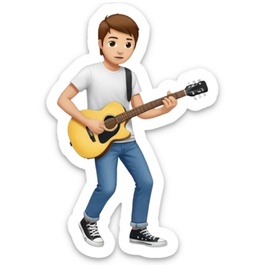 yellow skin Guy with brown hair, white tee, blue jeans and black converse playing a guitar sticker