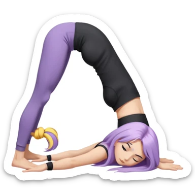 Девушка белокожая в позе собака мордой вниз, с длинными светло-лиловыми волосами, в черном топе, в серых спортивных штанах, с черными ресницами sticker