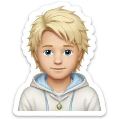 Create a look for a blond boy with long, tousled hair, light eyes, a white sweater, a wealthy appearance, blue eyes, and accessories like a Rolex or Cartier watch, and a cute face with messy hair down. blue eyes + + pajama white fluffy + hood fluffy sticker