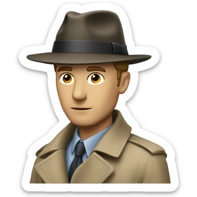 White guy in a trenchcoat wearing a fedora investigating sticker