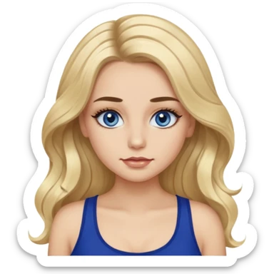 girl with blue eyes with false eyelashes and long wavy blonde hair with dark thick eyebrows and makeup with a dark blue cami top sticker