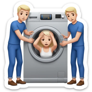 Eine Frau mit dem Kopf  in der Waschmaschine feststeckt und zwei Männer ziehen an ihren Beinen um ihr zu helfen  sticker