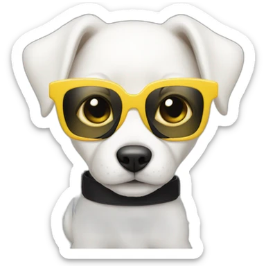 completely white puppy in yellow square glasses with a black dress sticker