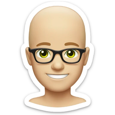 smiling bald boy with glasses and light green eyes sticker