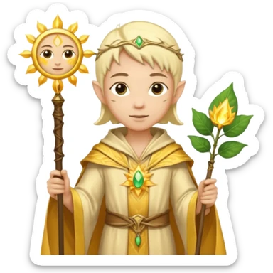 {
      "type": "human",
      "look": "light elf healer, golden robe, staff with leaf and sun motif",
      "description": "a light elf healer wearing a golden robe and holding a staff with leaf and sun symbols"
    } sticker