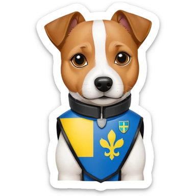 jack russell terrier in a bulletproof vest with ukrainian flag patch and name "PATRON". It should be enought serious and epic, to be a hero of ukrainian nation sticker