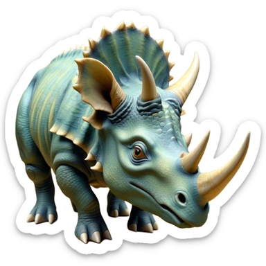 Beautiful and Majestic Triceratops Portrait Emoji, Head and body rendered in serene repose with a gentle, content smile, showcasing a robust, horned form with an intricately frilled head and eyes softly closed in tranquil repose, Simplified yet exquisitely endearing features, highly detailed, glowing with a soft, drowsy prehistoric light, high shine, relaxed and utterly majestic, stylized with an air of ancient splendor, soft glowing outline, capturing the essence of a beautiful and majestic Triceratops that embodies the timeless strength of the ancient world! sticker