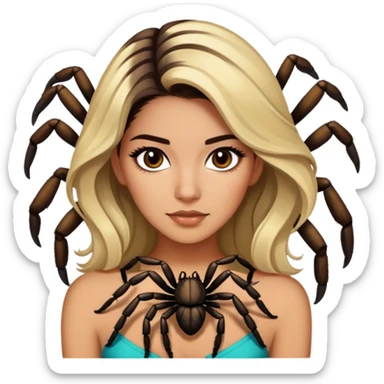 Attractive Mexican woman in her 20s with dark brown hair with blonde highlights, with a tarantula sticker