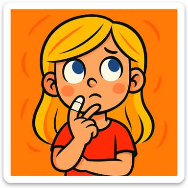 blonde-haired, blue-eyed, fair-skinned girl with a bandaged index finger, finger on chin, thinking, vibrant cartoon style sticker