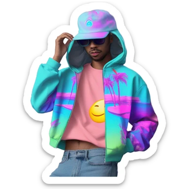 Multicoloured neon Vaporwave person hoodie dancing hip hop bucket hat tropical Skater fashion aesthetic baggy clothes graphic t shirt 420 sticker