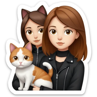 Light-skinned girl with brown hair wearing black jacket with white cat and calico cat sticker