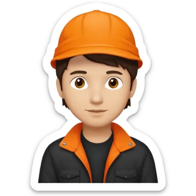 Kindly Keyin (male) with light skin, dark brown hair, orange cap and shirt, black jacket sticker