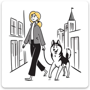 Blonde woman walking a happy Siberian husky in New York City on an upper east side city sidewalk  sticker