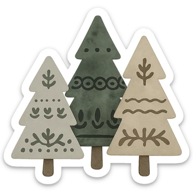 illustration of evergreen trees blending Scandinavian and Slavic folk motifs, dark neutral forest color tones, watercolor texture with outlines, transparent background, suitable for favicon sticker