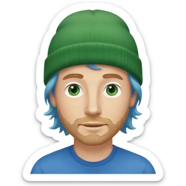 white man, mid thirties, blue eyes, mid length wavy hair, green beanie hat, stubble, face only sticker