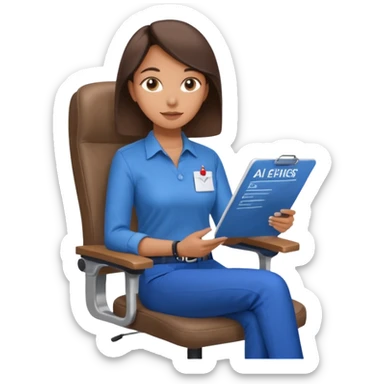 Generate an emoji of a female AI ethicist in blue shirt brown pant sitting in a chair and has a checklist stating AI ethics elements like stop bias, fairness score sticker