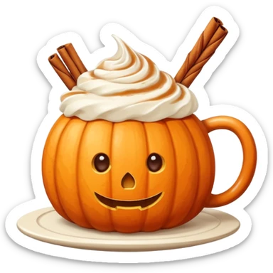 Round pumpkin-shaped mug with whipped cream swirl and cinnamon stick, warm orange and cream tones. sticker