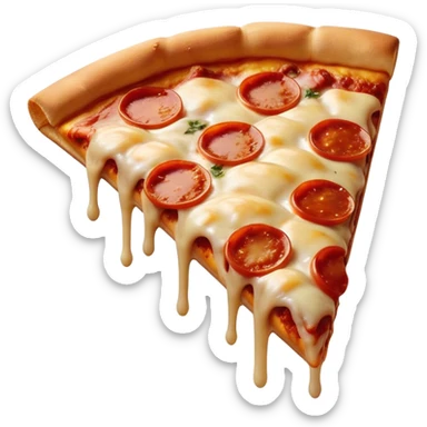 Cinematic cheesy pizza slice, gooey melted cheese stretching as a bite is taken, crispy golden crust, rich tomato sauce, vibrant toppings, warm glowing background, inviting and delicious. sticker
