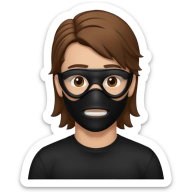 A guy with a brown mullet and a black mask over his mouth and nose sticker