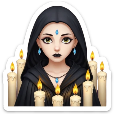 Pale sorceress lit by dozens of candles, wet skin glow, slow seductive gaze, dark fantasy cinema sticker