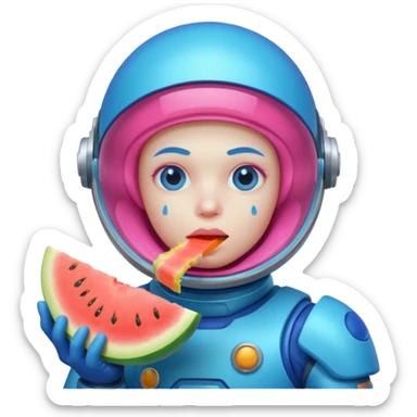 Neon pink and blue spaceman eating melon looking suspicious sticker