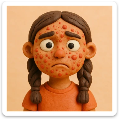 claymation style chica con acné en el rostro, fondo pastel sticker