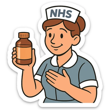 A nurse wearing a nurses hat with the letters NHS written on the hat.  The nurse looks caring and is holding a medicine bottle sticker