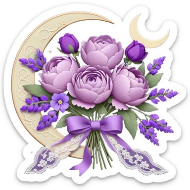 A vintage bouquet of lavender-hued peonies, deep violet roses, and soft lilac pansies, tied together with a silk ribbon in shades of plum and amethyst, rests beneath the glow of a crescent moon. Scattered around are tiny embroidered hearts on a delicate lace handkerchief, while the scent of dried lavender lingers in the cool evening air. sticker