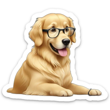 A beautifull golden retriever with glasses and personnal computer sticker