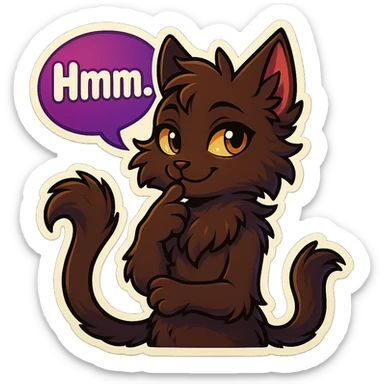 a dark-brown fluffy cute kawaii anthropomorphic furry anime cat-furry with tufted ears, golden eyes, and a long thin tufted tail, thinking, smirking thoughtfully, saying “Hmm..” with a purple speech bubble, (cartoon style) (cute anime style) (furry style) (deviantArt style) (artist style: Kamirah) sticker