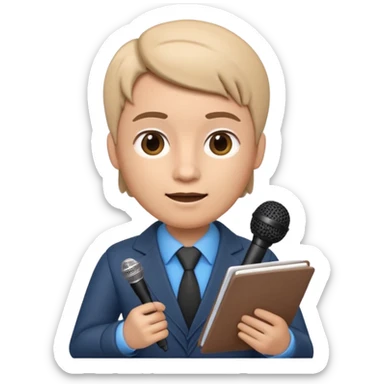 Apple Memoji-style 3D emoji of a journalist holding a microphone and notepad, smooth gradients, rounded shapes, no background. sticker