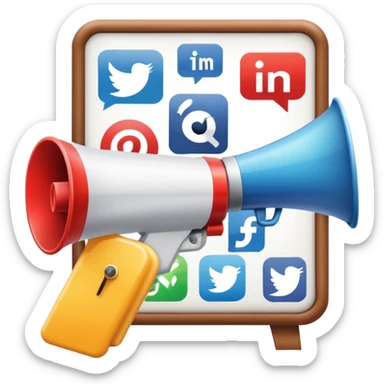 An icon featuring a megaphone, a billboard, and social media icons, symbolizing advertising and public relations. The design includes a press release and a rising graph, representing brand promotion and communication strategies. Transparent background highlights media influence and outreach. sticker