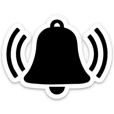Minimalist silhouette of a bell in solid black fill style with transparent background. Add notification waves on the sides as shown in the reference image. sticker